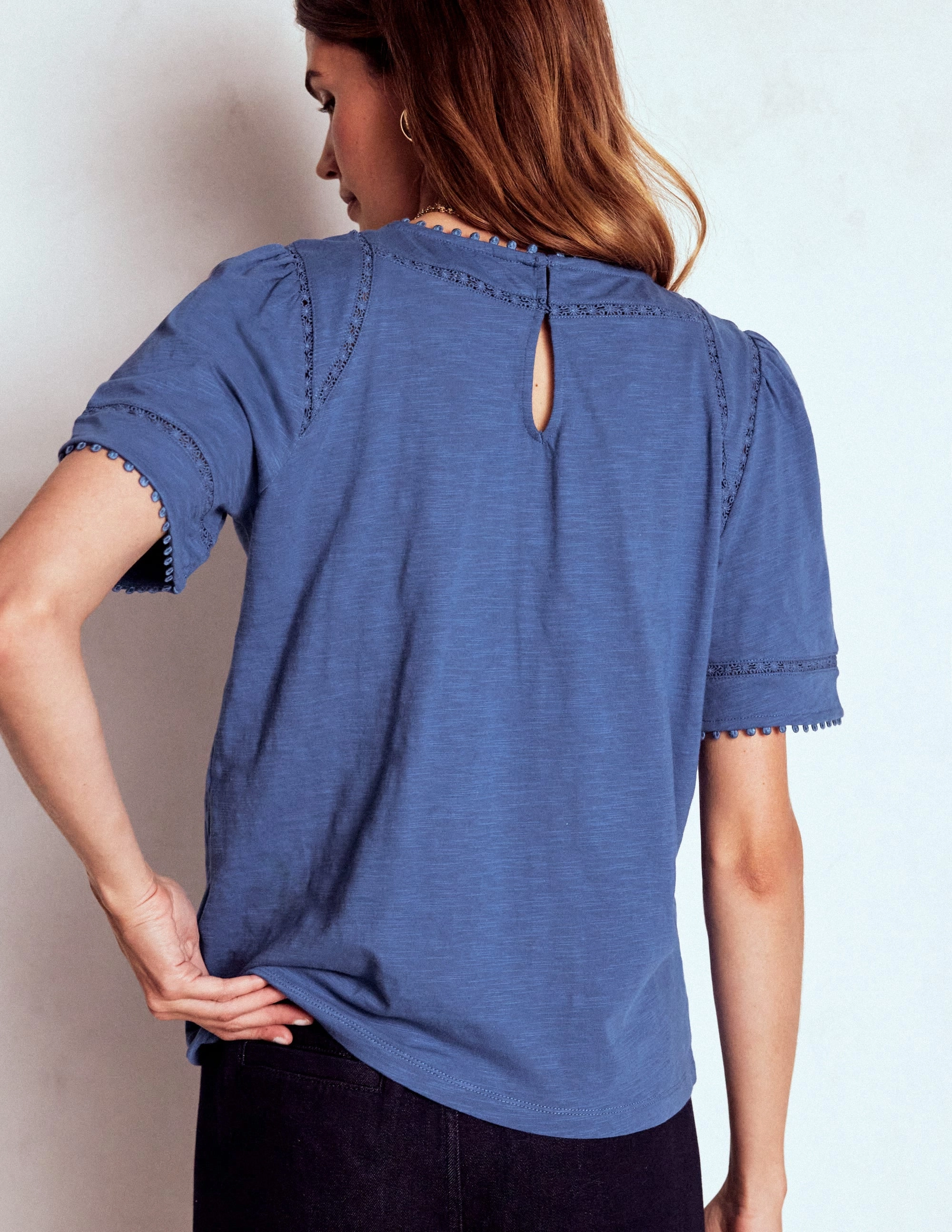 Mila Lace Trim Top-Denim Blue AntiStatic Coating