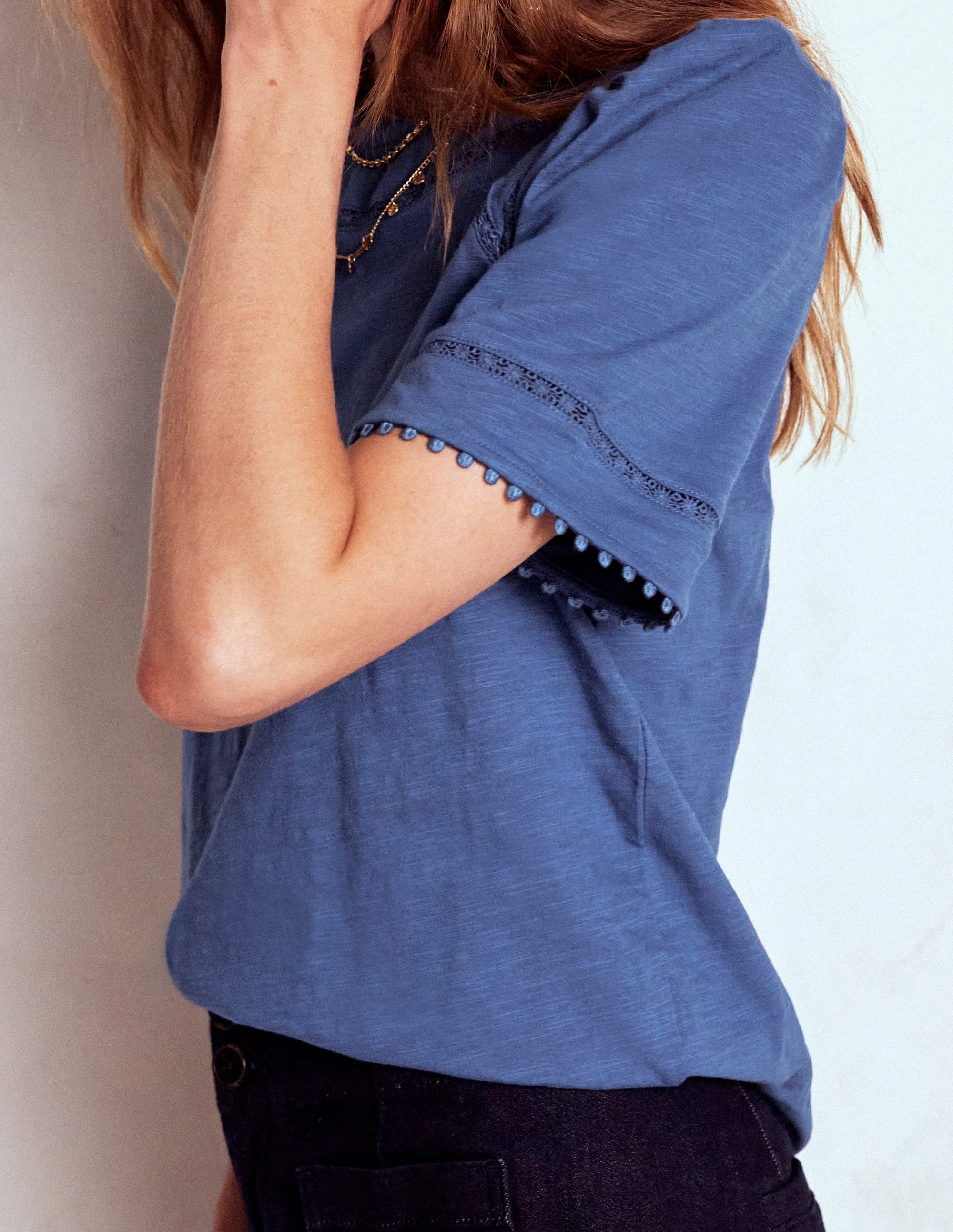 WaterResistant GarmentDyed Mila Lace Trim Top-Denim Blue