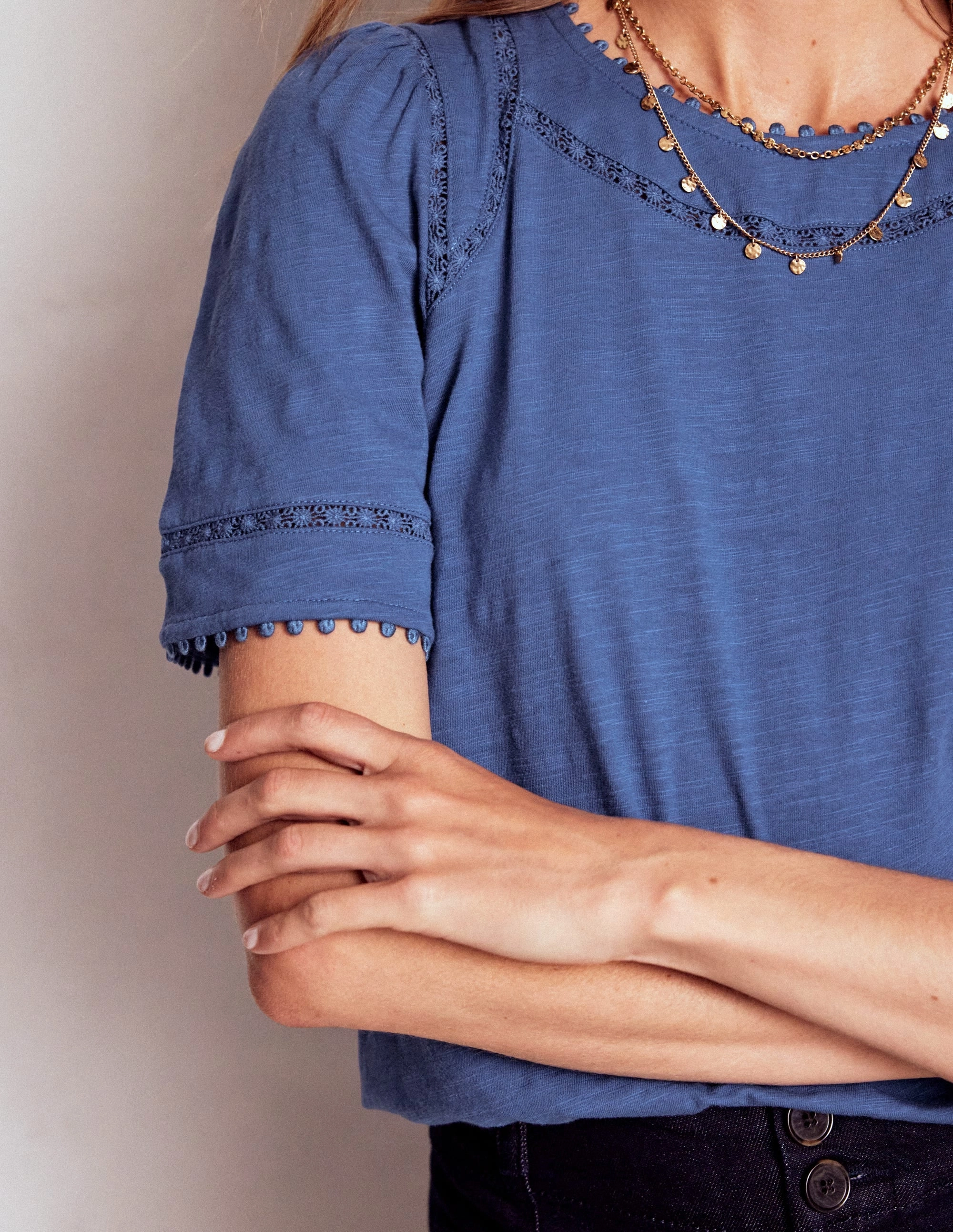 Organic Cotton Fiber Mila Lace Trim Top-Denim Blue