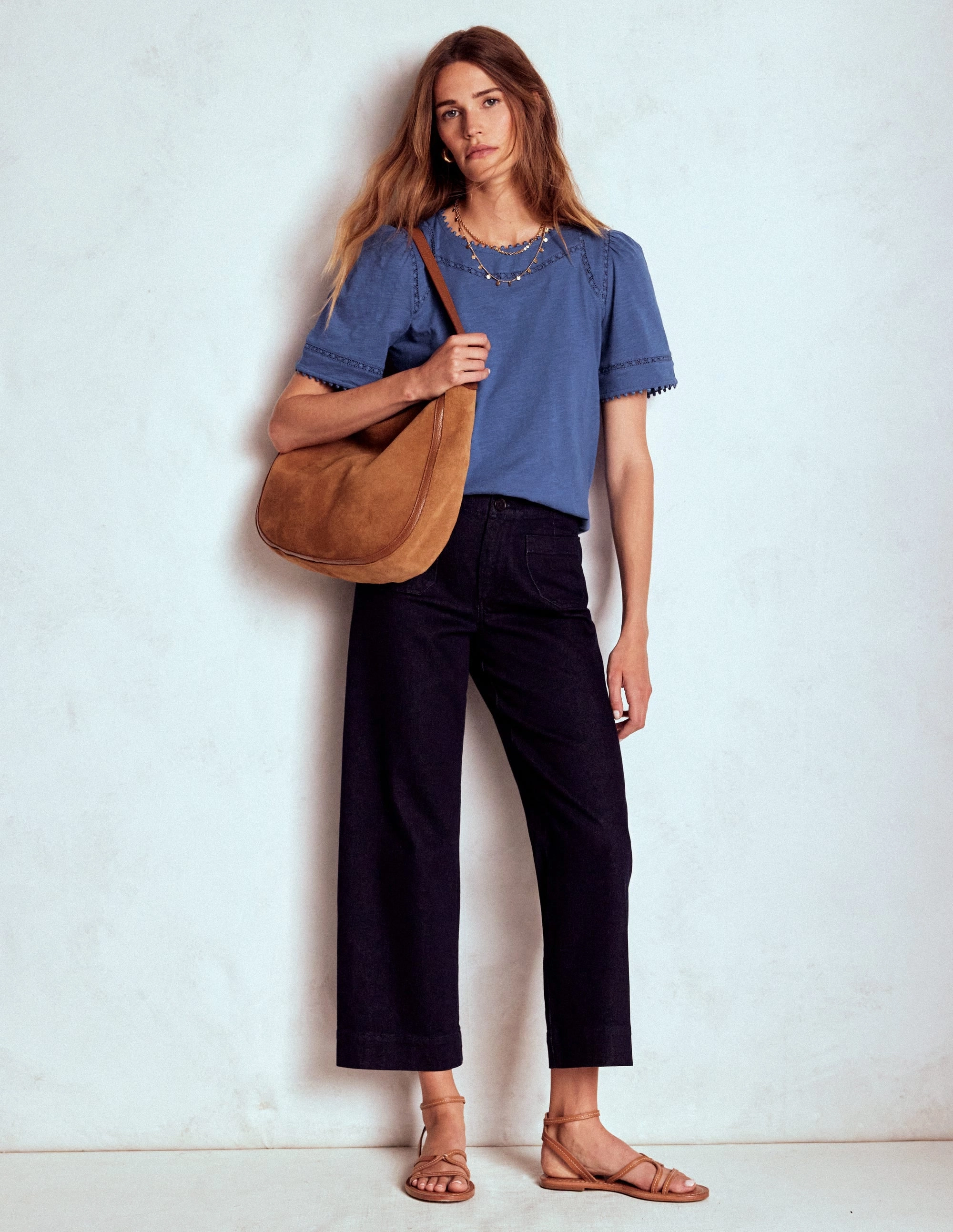 AdjustableCuffs Mila Lace Trim Top-Denim Blue