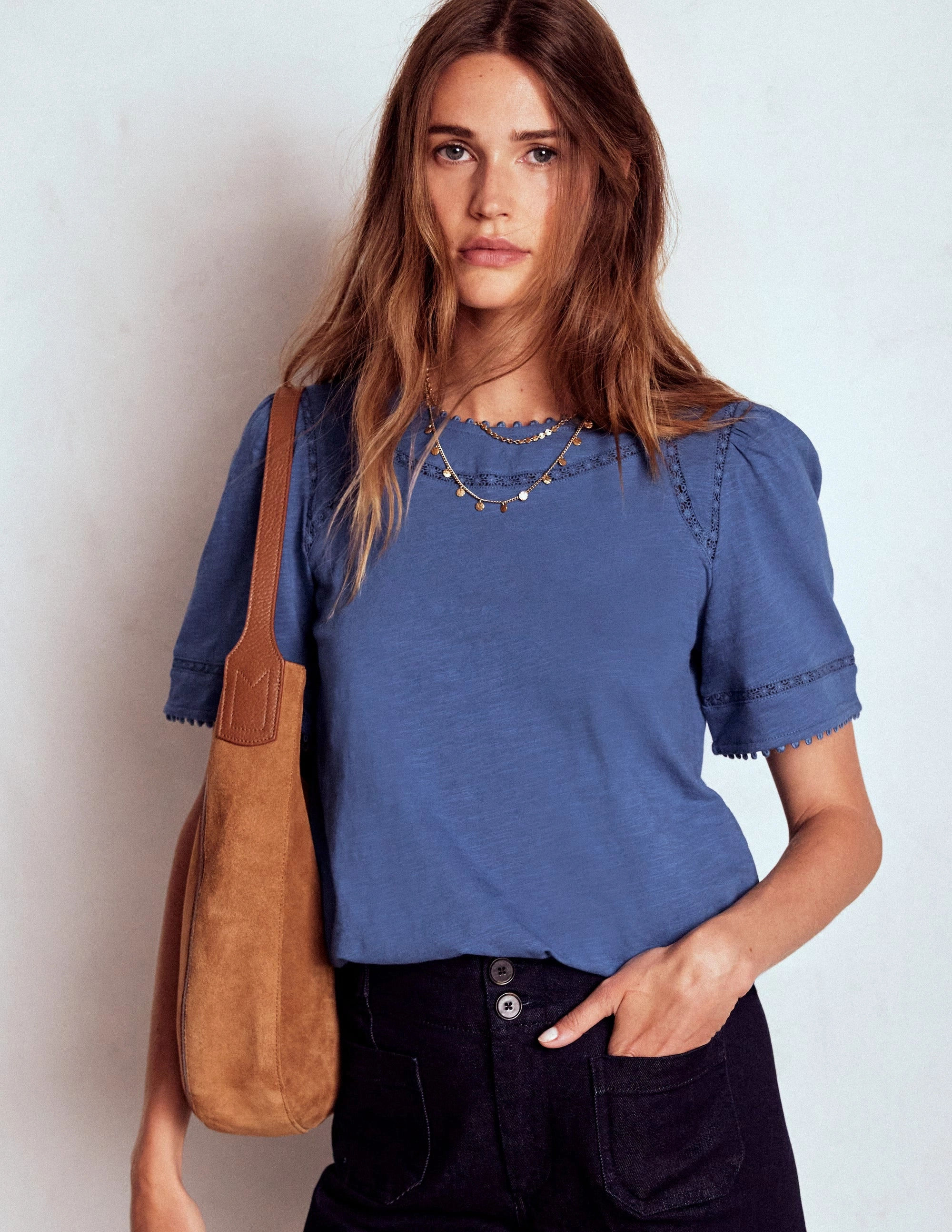 Mila Lace Trim Top-Denim Blue Moisture Management Fabric Light Reflective Printing