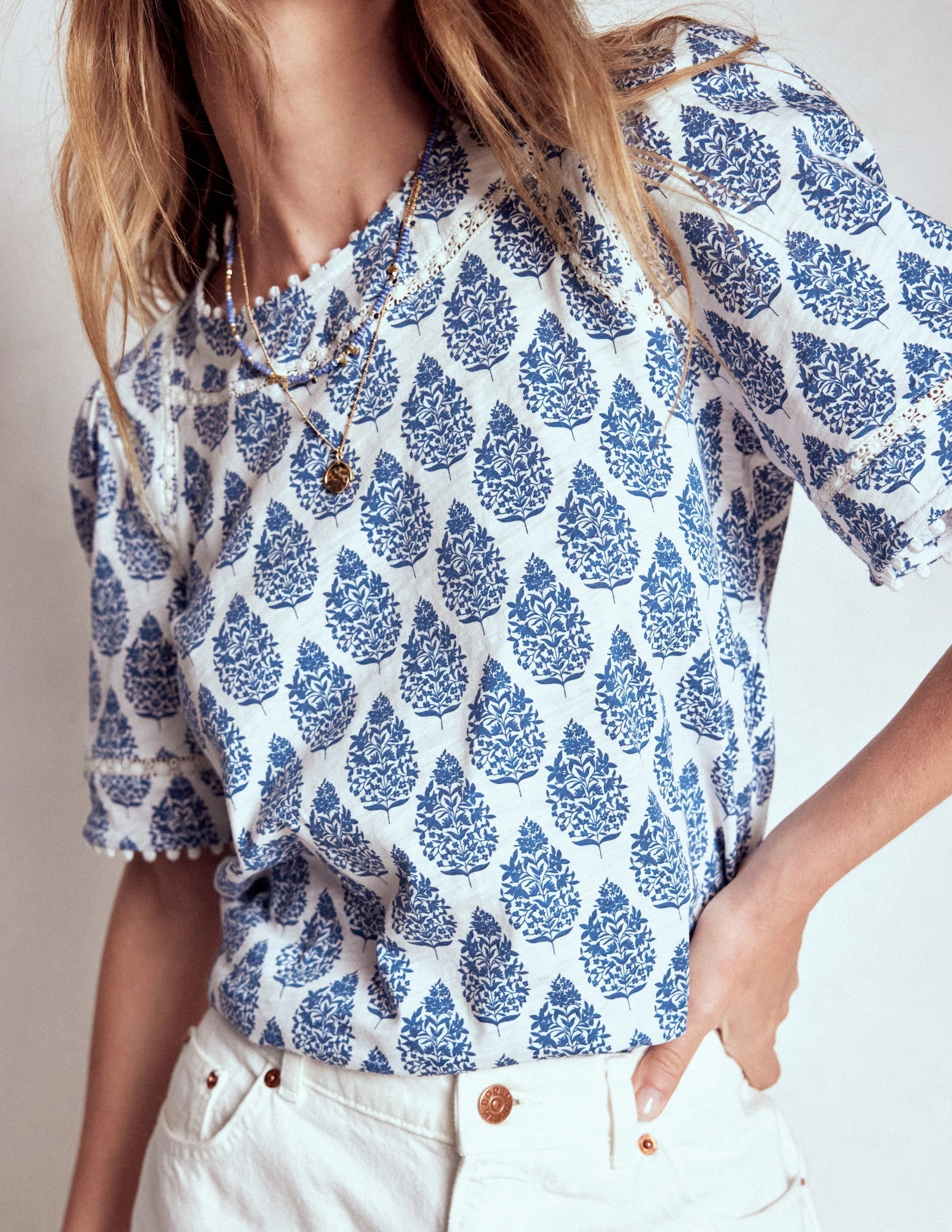 DoubleStitching Mila Lace Trim Top-Denim Blue, Wildflower Bouquet