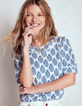 Mila Lace Trim Top-Denim Blue, Wildflower Bouquet RibbedCuff