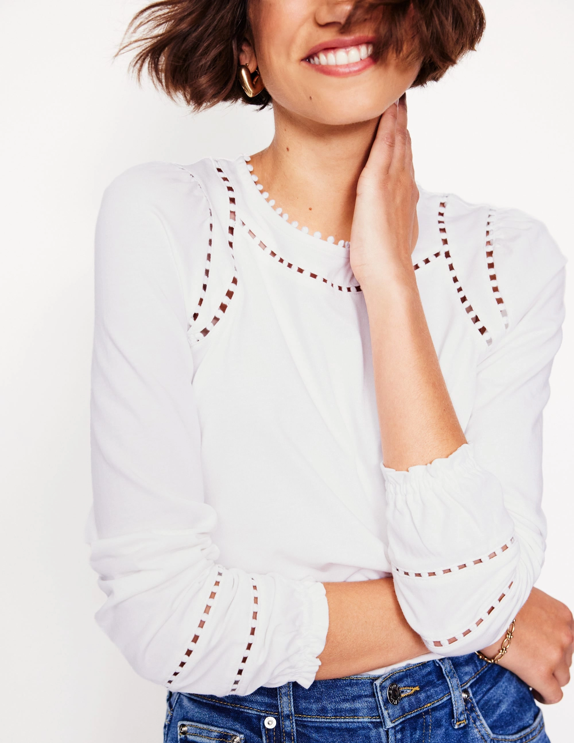 Curved Hem Mila Long Sleeve Top-White