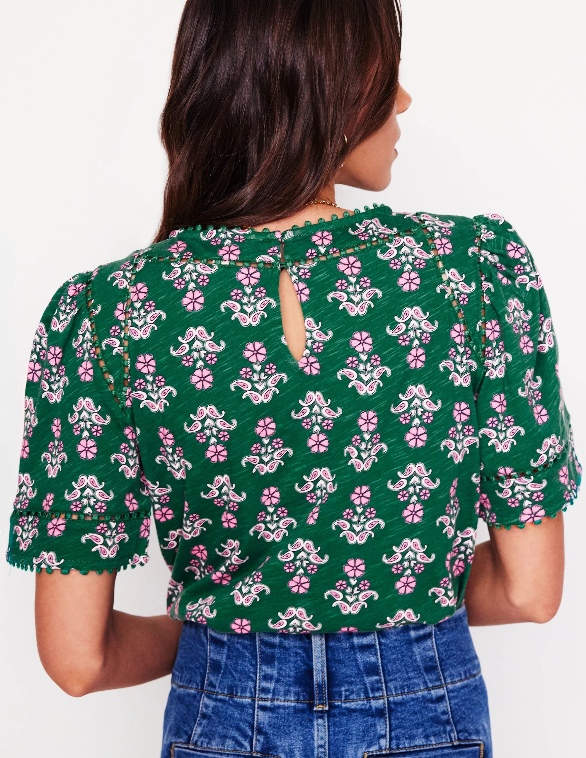 Mila Trim Detail Top-Forest Grass, Pansy Stamp EasyCare Material
