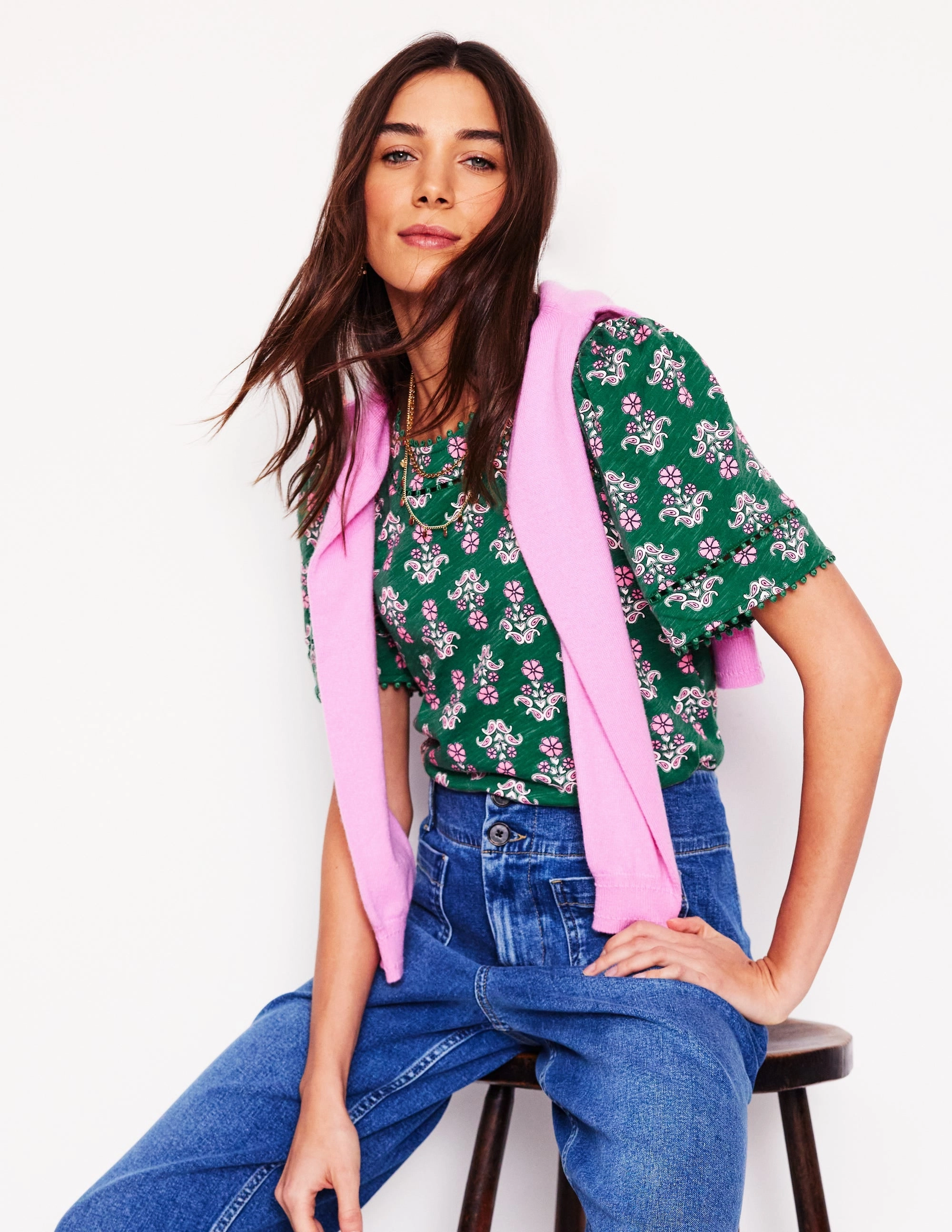 AbrasionResistant Surface Slim Fit Design Mila Trim Detail Top-Forest Grass, Pansy Stamp