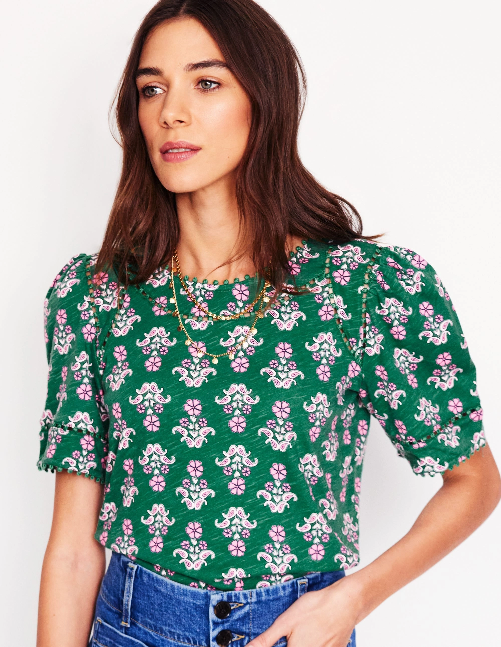 Mila Trim Detail Top-Forest Grass, Pansy Stamp NonChafingTrim ribbed texture