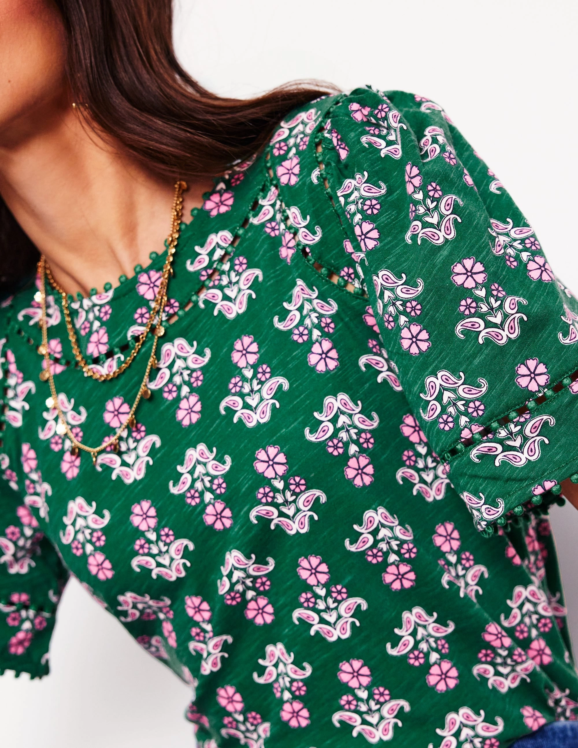 Mila Trim Detail Top-Forest Grass, Pansy Stamp MinimalistDesign