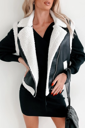 Montana Babe Sherpa Trim Faux Leather Vest (Black) High End Look
