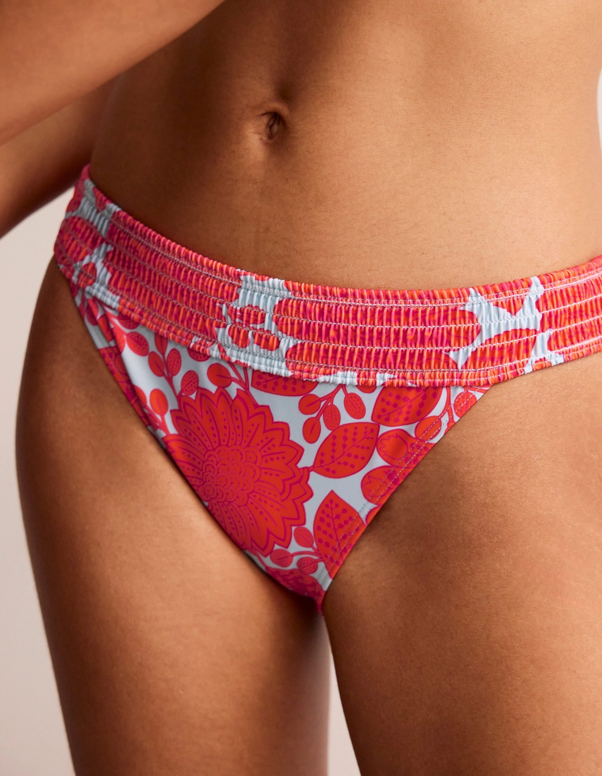 Family Swimwear Milos Smocked Bikini Bottoms-Fire Cracker, Gardenia Swirl