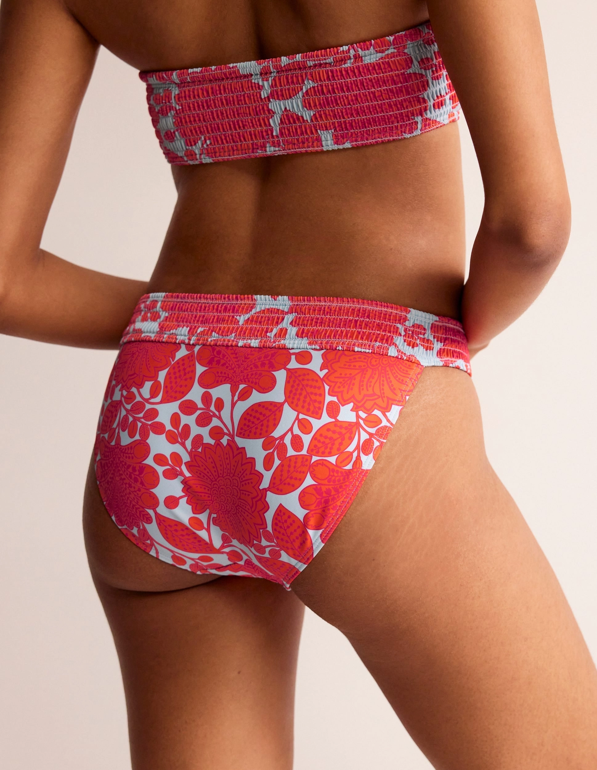 High Shine Milos Smocked Bikini Bottoms-Fire Cracker, Gardenia Swirl