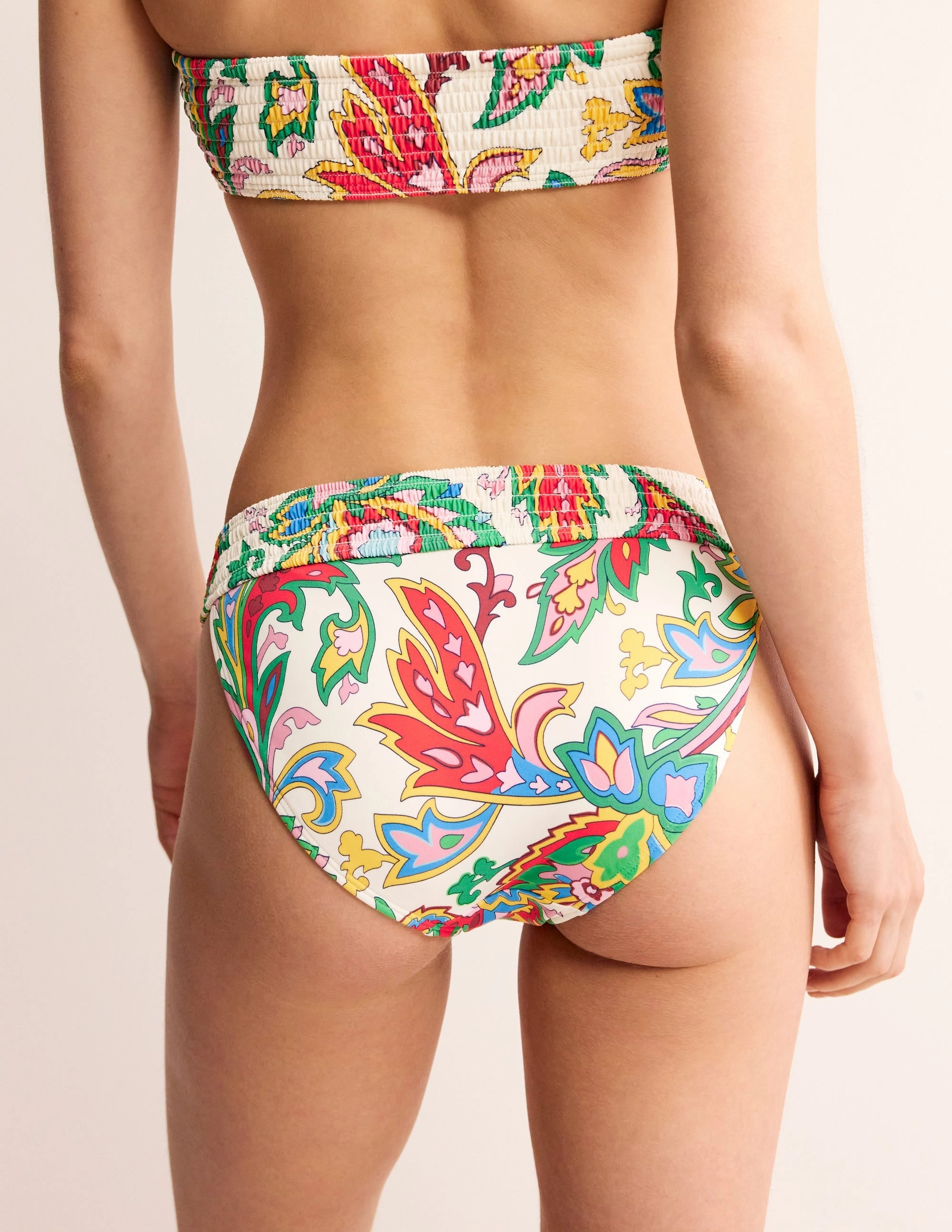 Foldable Design Milos Smocked Bikini Bottoms-Ivory, Paisley Azure