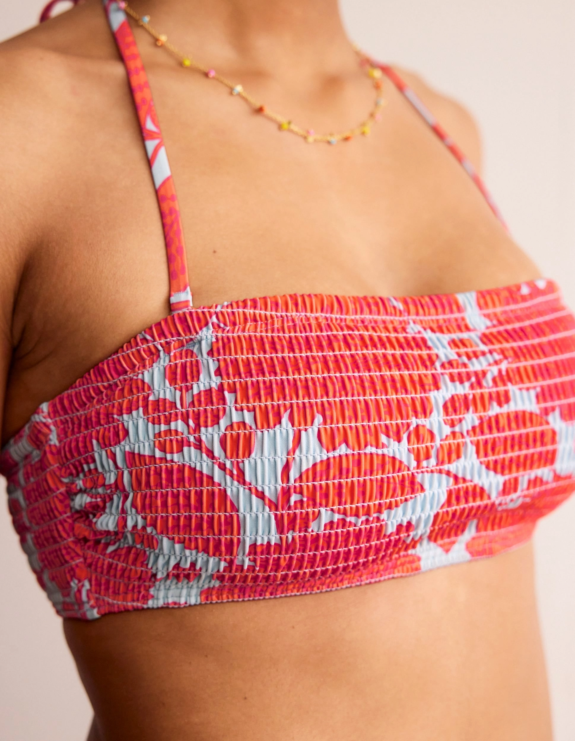 Neon-Bright Stackable Packaging Milos Smocked  Bikini Top-Fire Cracker, Gardenia Swirl