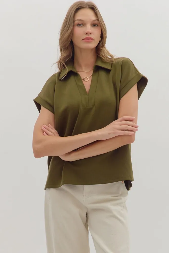 Maeva Scuba Short Sleeve Top in Olive Stretch Technology PlushLining