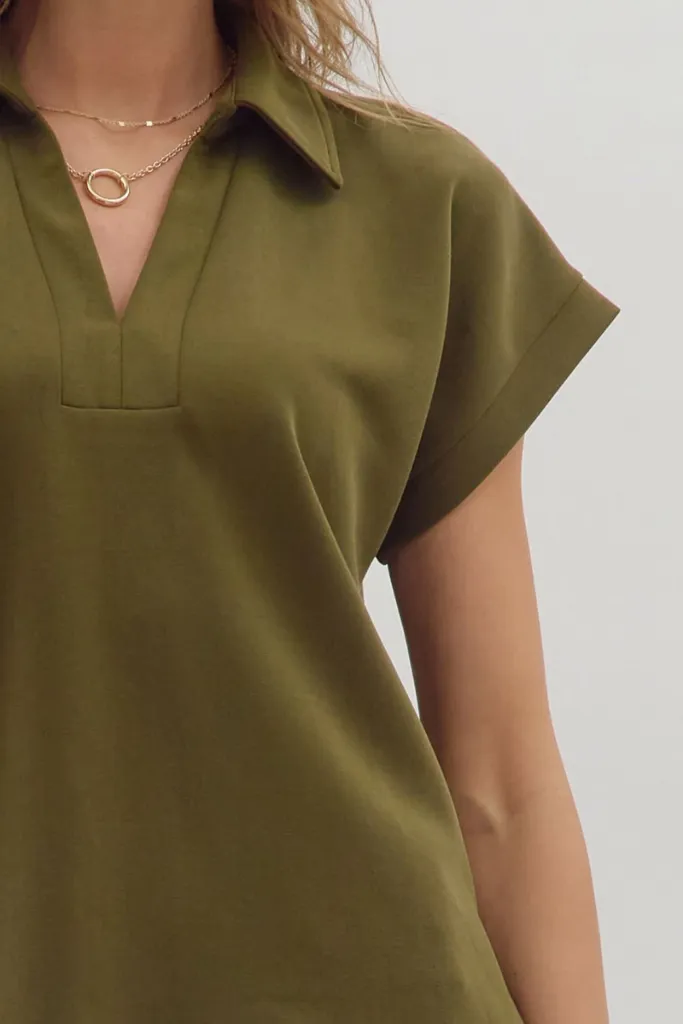 TearResistant Rolled Hem Detailing Maeva Scuba Short Sleeve Top in Olive