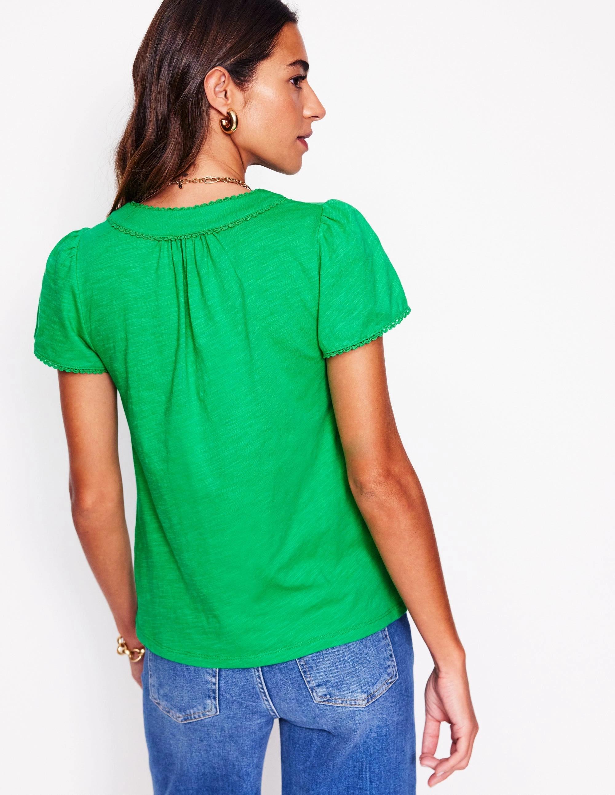 Breathable Mesh Insert Relaxed Blouse Ava Short Sleeve Top-Sapling Green