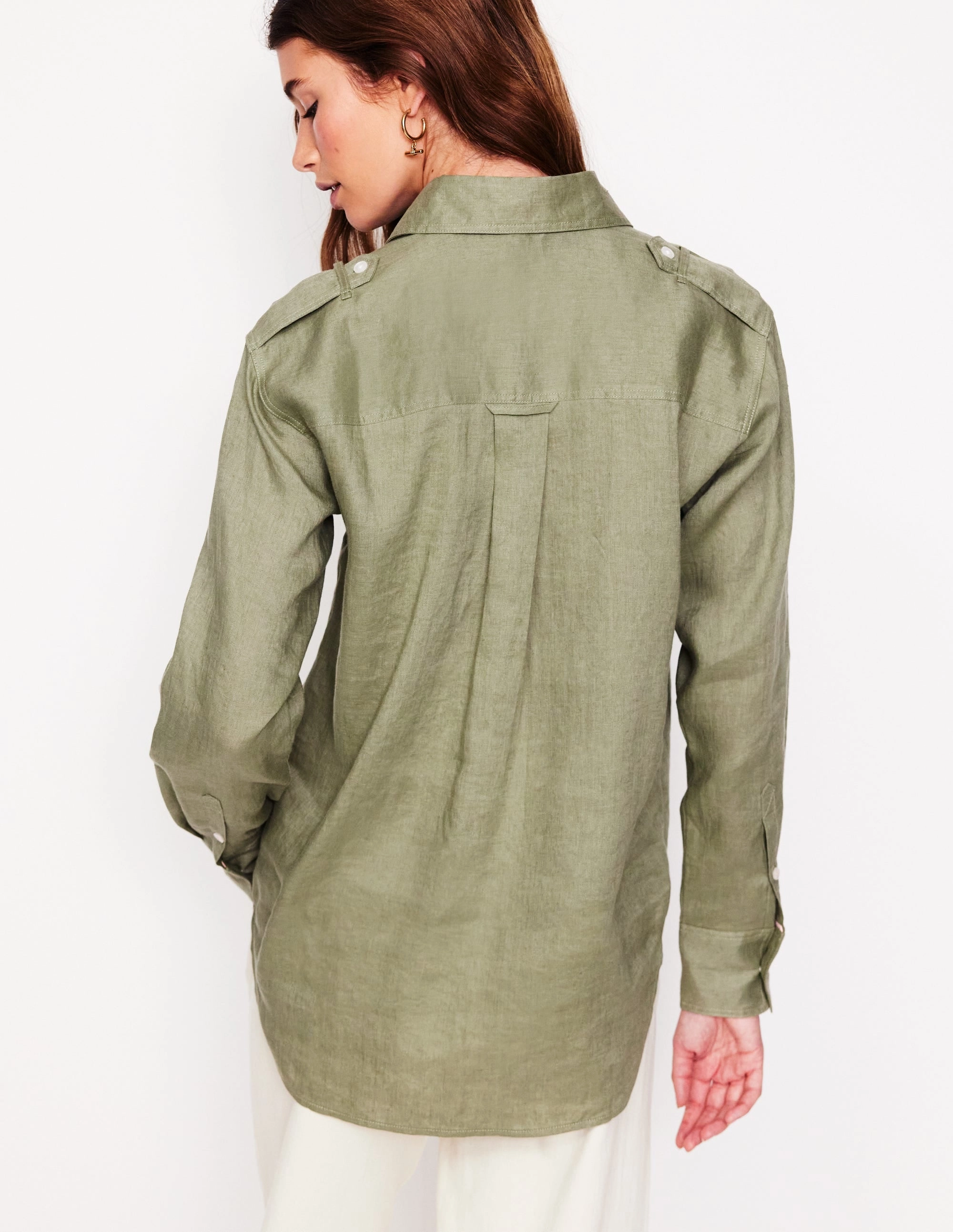 Luxurious Feel Longline Linen Safari Shirt-Larch Green