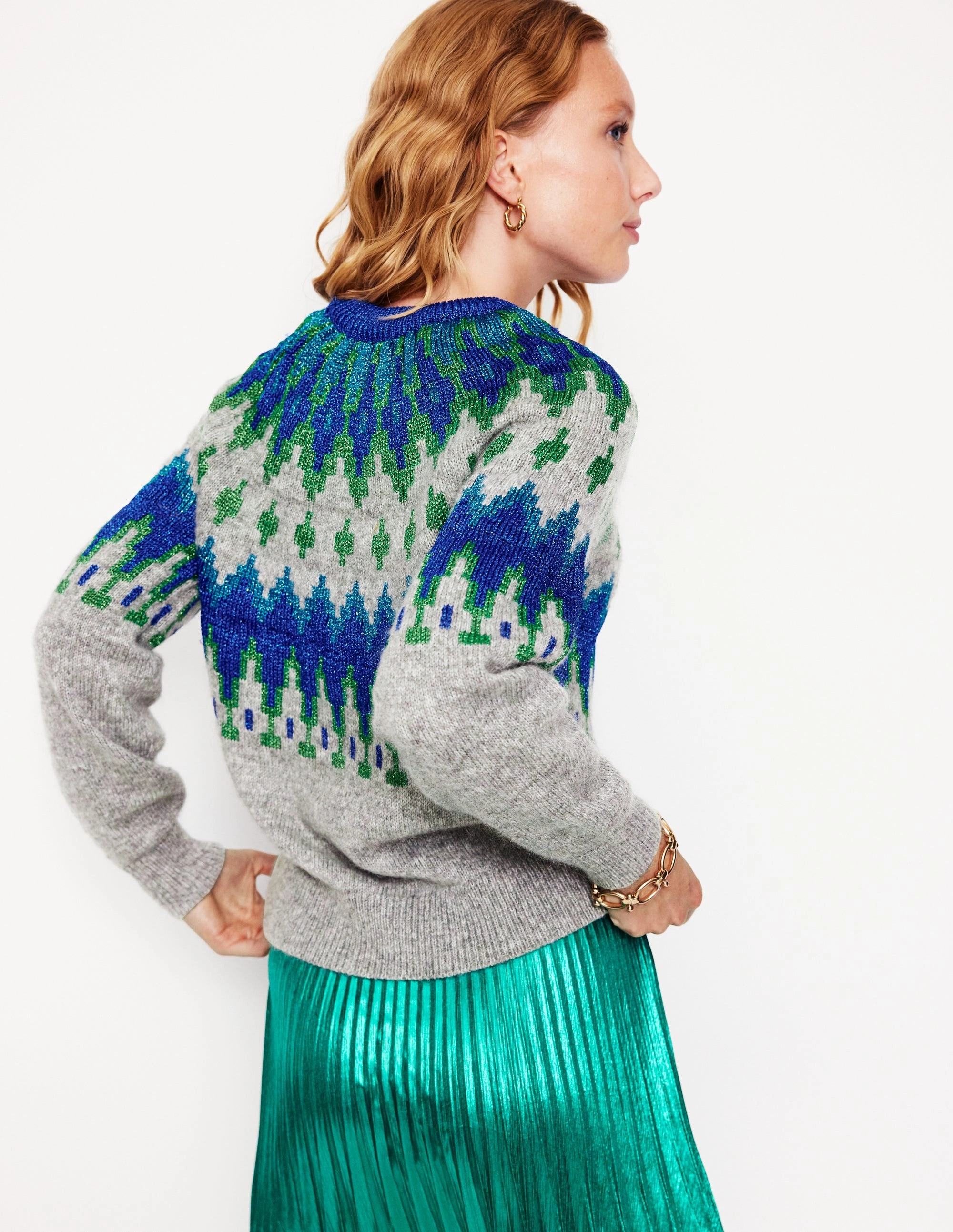 Kat Sparkle Fair Isle Jumper-Grey Melange Natural Drape Flexible Neckline