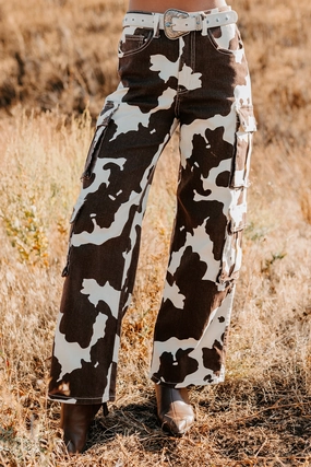 Textured Weave Pattern Petal Sleeve Architecture Mirabel Wide Leg Cow Print Balboa Jeans (Brown)