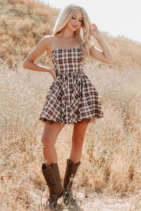 Misfit Muse Plaid Strapless Mini Dress (Brown) Gentle Glow Effortless Fit