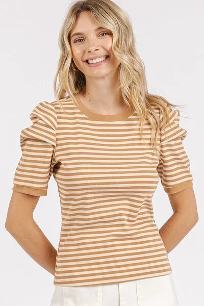 Mittoshop Striped Round Neck Puff Sleeve T-Shirt