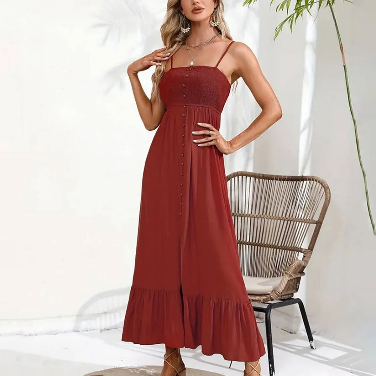 Lounge Feel BUTTONS ADORN A SLIT HALTER DRESS_CWDMD1719