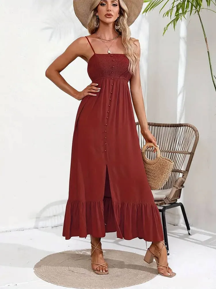 BUTTONS ADORN A SLIT HALTER DRESS_CWDMD1719 Chic Layers