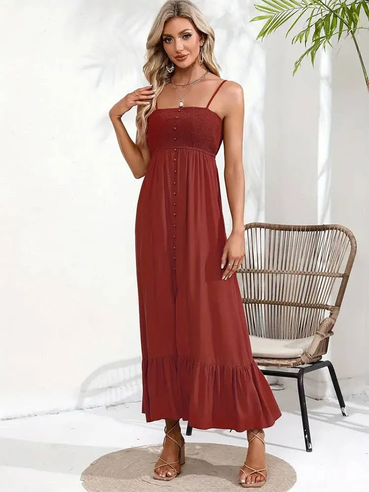 Warranty-Included BUTTONS ADORN A SLIT HALTER DRESS_CWDMD1719