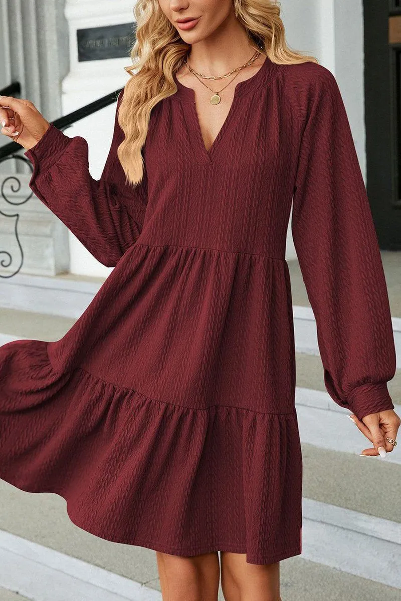 Layered Form WOMEN V NECK RUFFLED CAKE LONG SLEEVE DRESS