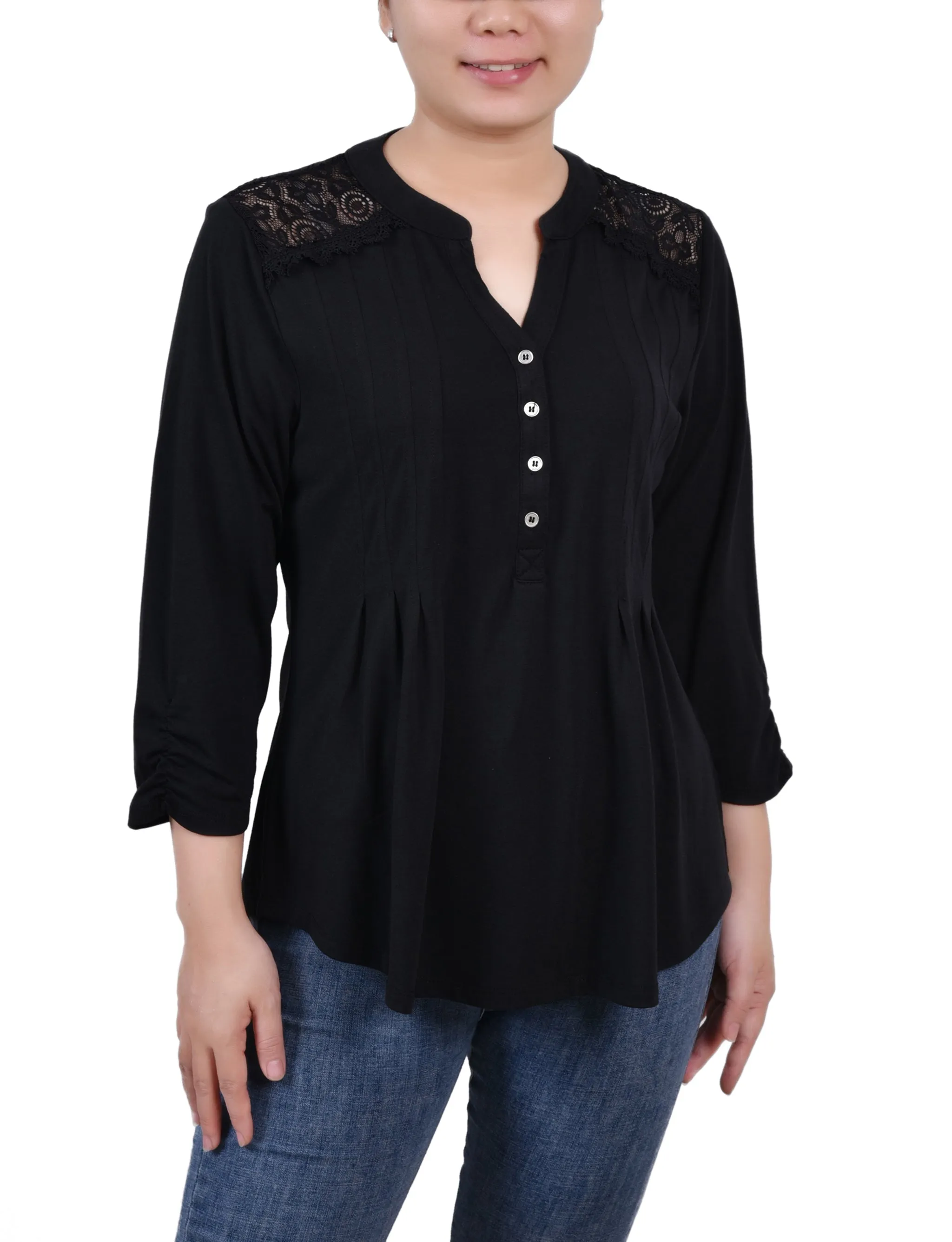 Rouched Sleeve Pintuck Top AntiPilling Self Fabric Tie Closure