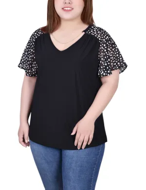 Plus Size Combo Chiffon-Sleeve V Neck Top FlatlockSeams Ergonomic Shoulder Shape