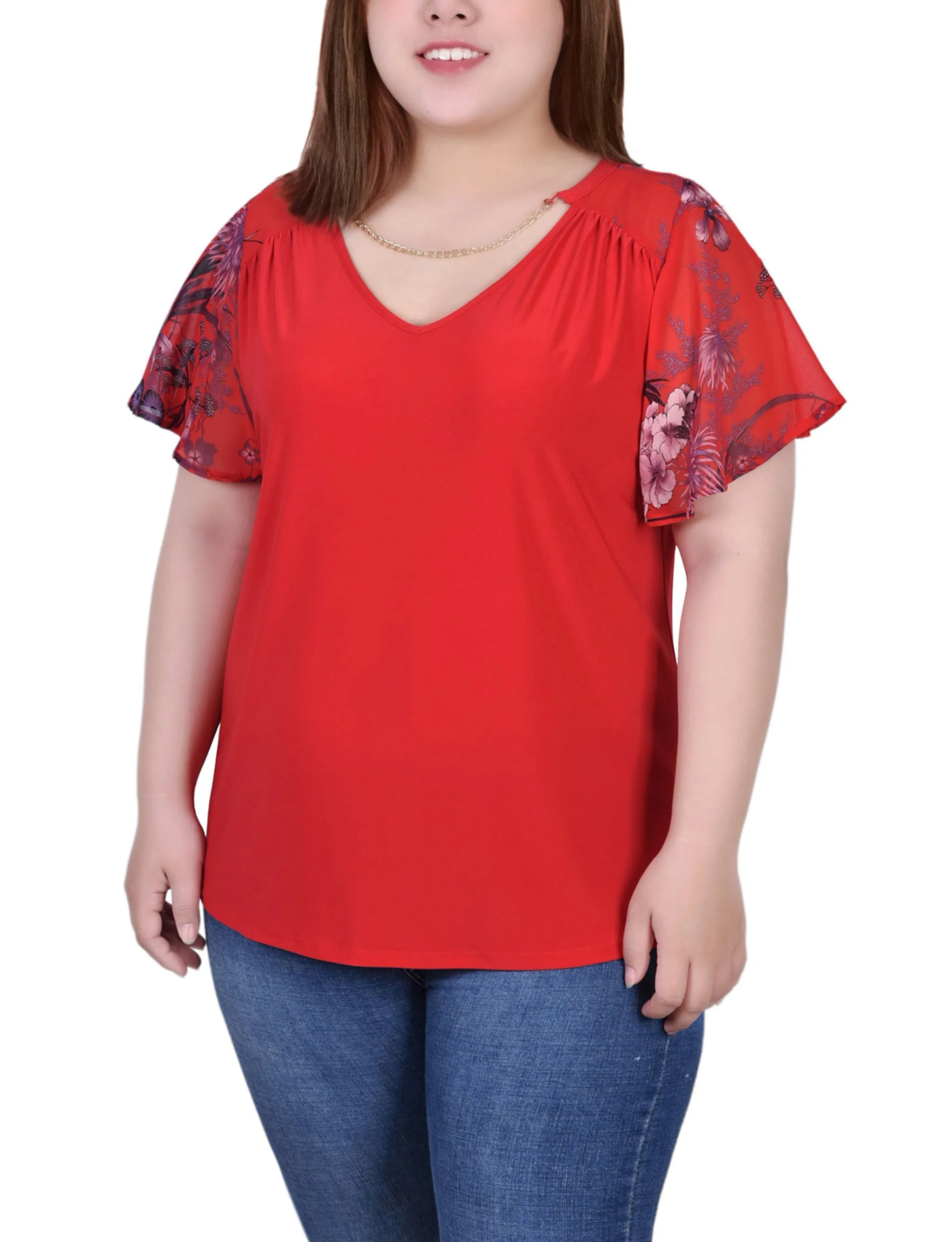Ultrasoft Inner Lining OrganicCottonBlend Plus Size Combo Chiffon-Sleeve V Neck Top