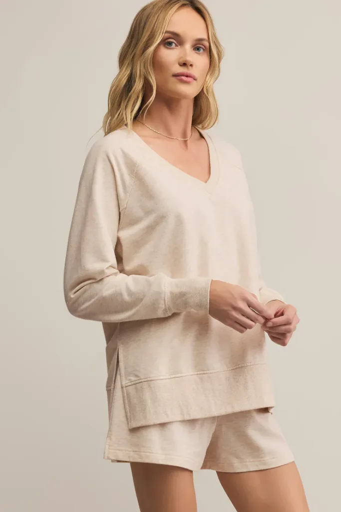 Yarn Dyed Pattern Cloth MultiPanelDesign Modern V Neck Weekender in Oatmeal Heater by Z Supply