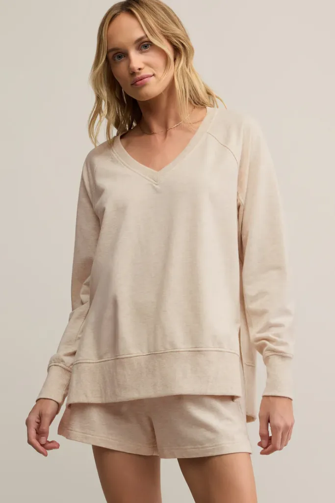 Modern V Neck Weekender in Oatmeal Heater by Z Supply Adaptive Temperature Control High Neckline