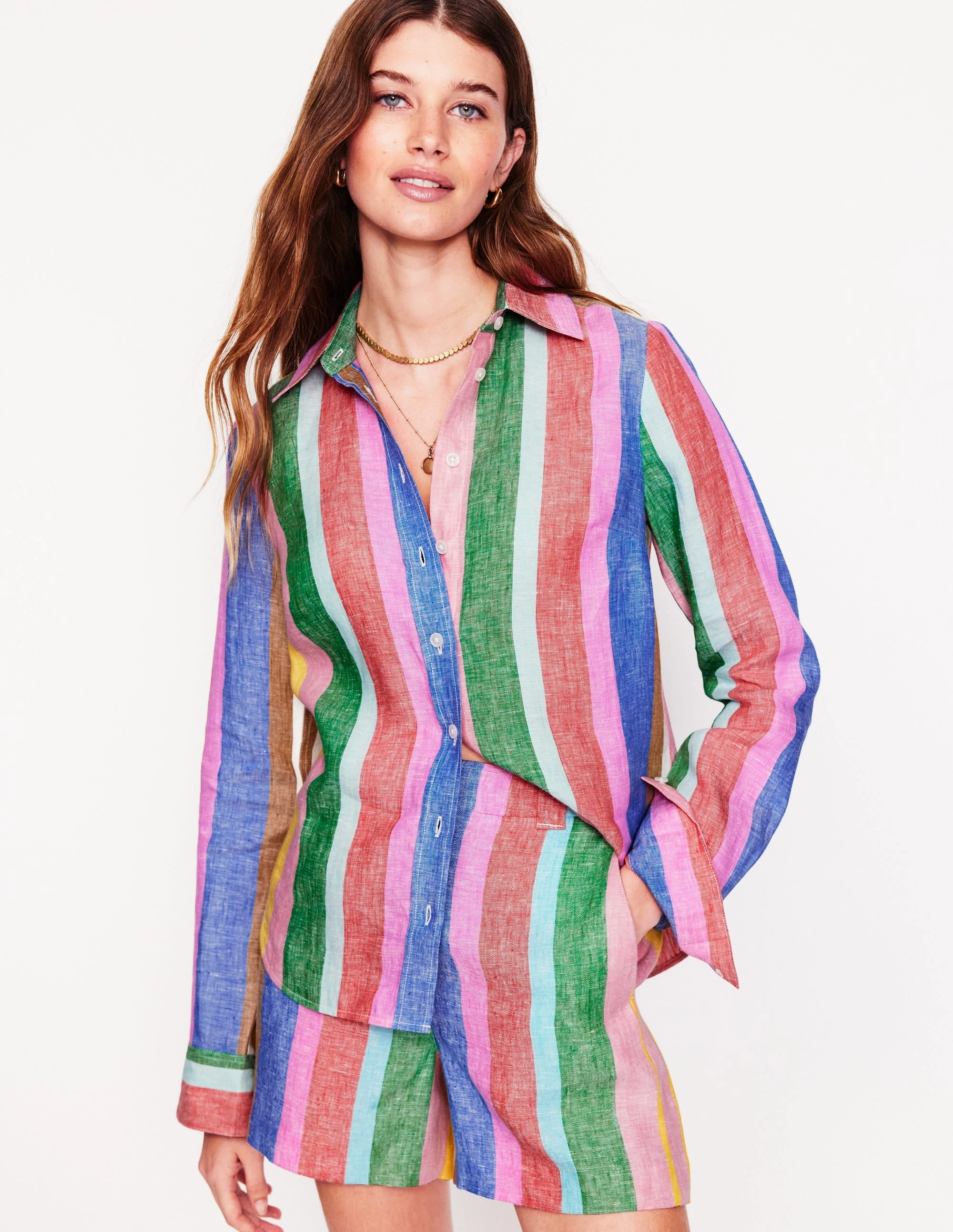 Sienna Linen Shirt-Bright Rainbow Stripe MoistureWicking Material FlexibleNeckline