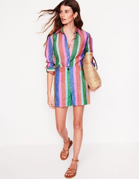 Sienna Linen Shirt-Bright Rainbow Stripe Wide Shoulder Cut Moisture Control Lining