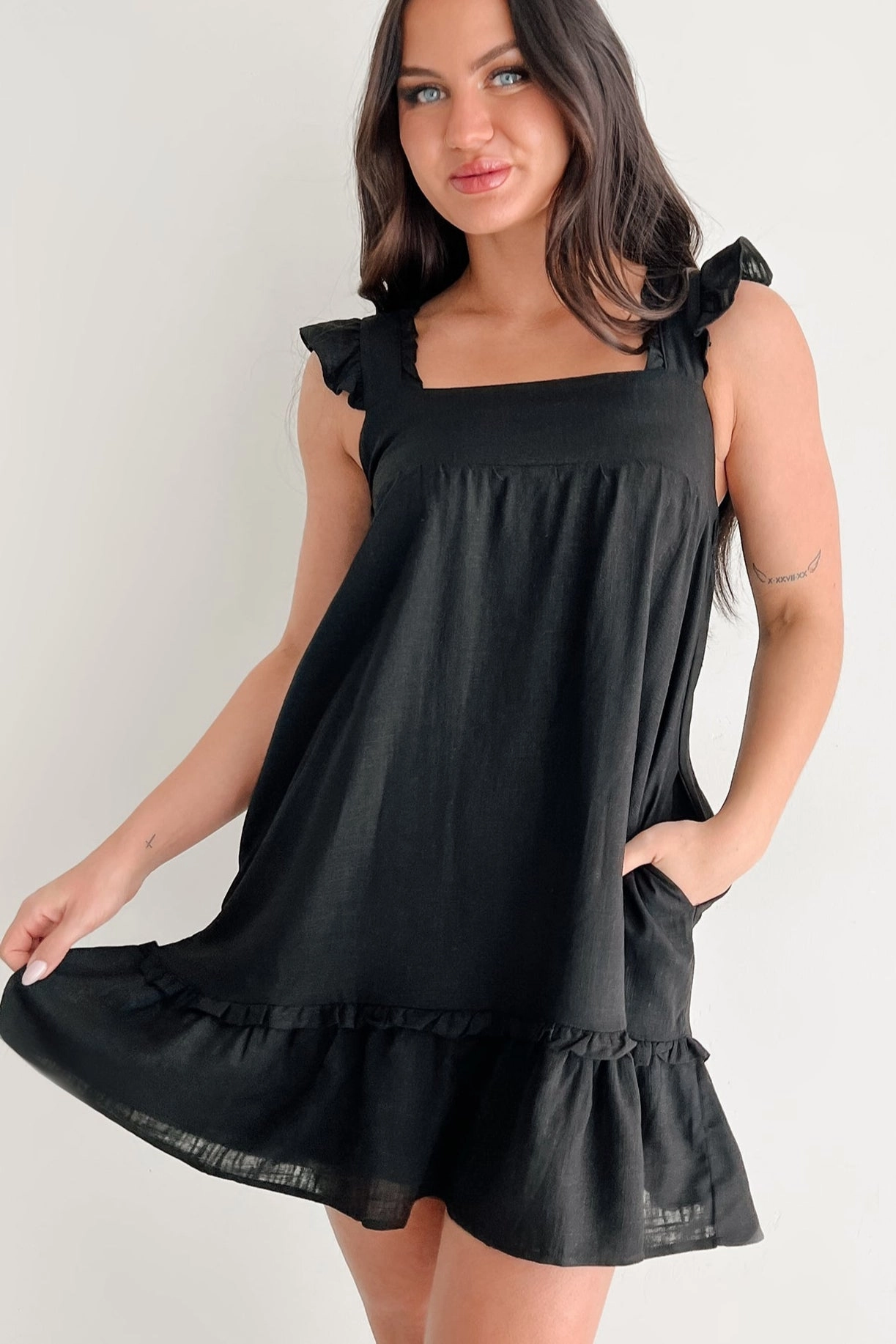 Perfectly You Babydoll Mini Dress (Black) Draped Silhouette