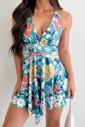 Smile Brighter Floral Halter Mini Dress (Pine Green) Fashion-forward day dress