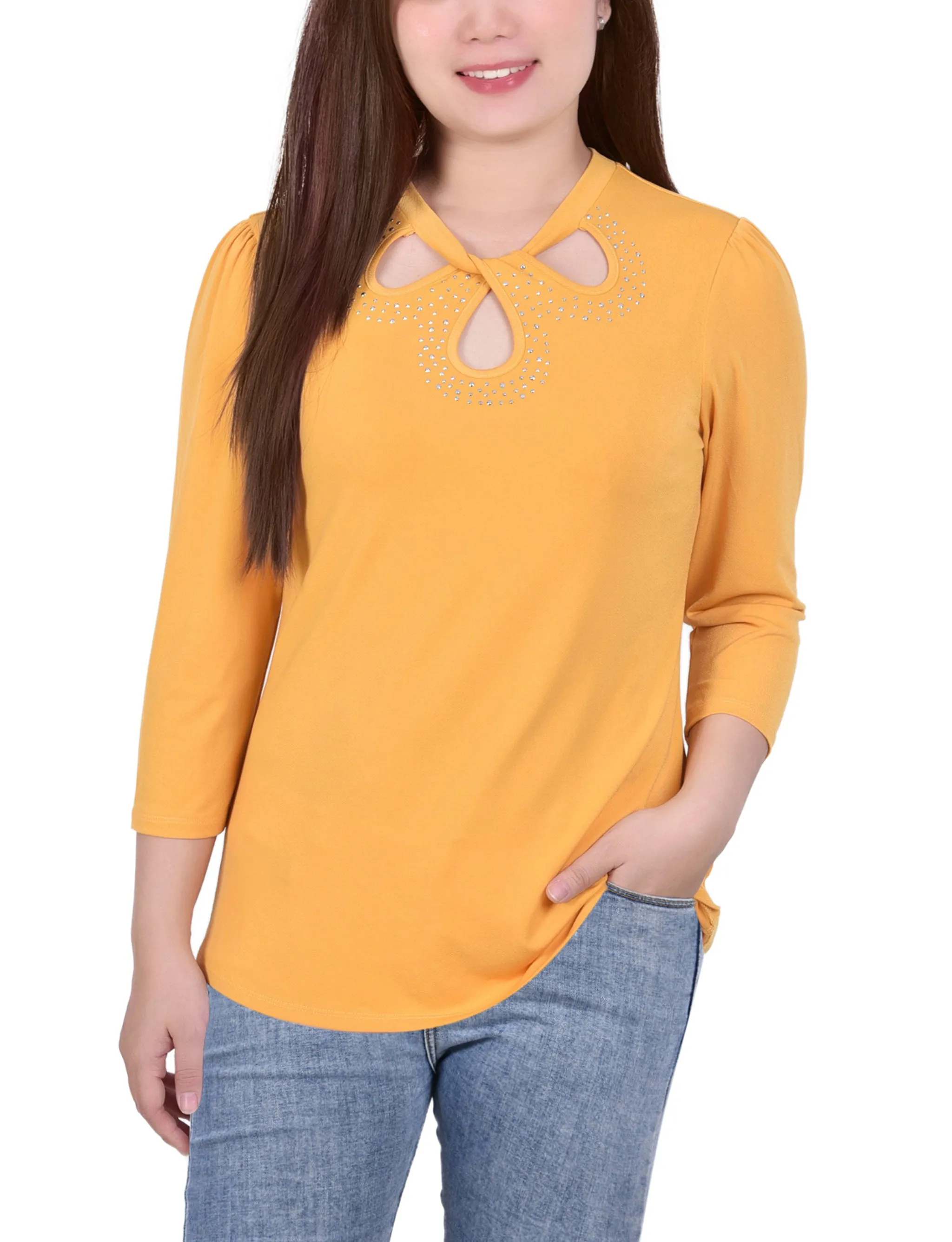 Petite 3/4 Slv Knit Crepe Studded Keyhole Top Luxurious Feel