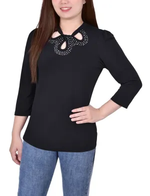 DoubleLayeredShoulders Petite 3/4 Slv Knit Crepe Studded Keyhole Top