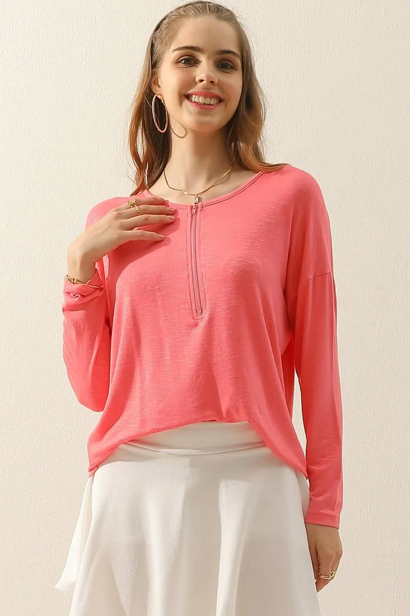 ZIP-UP R NECK LONG SLEEVE SLUB TUNIC TOP AntiMicrobialLining Stretchable Knit