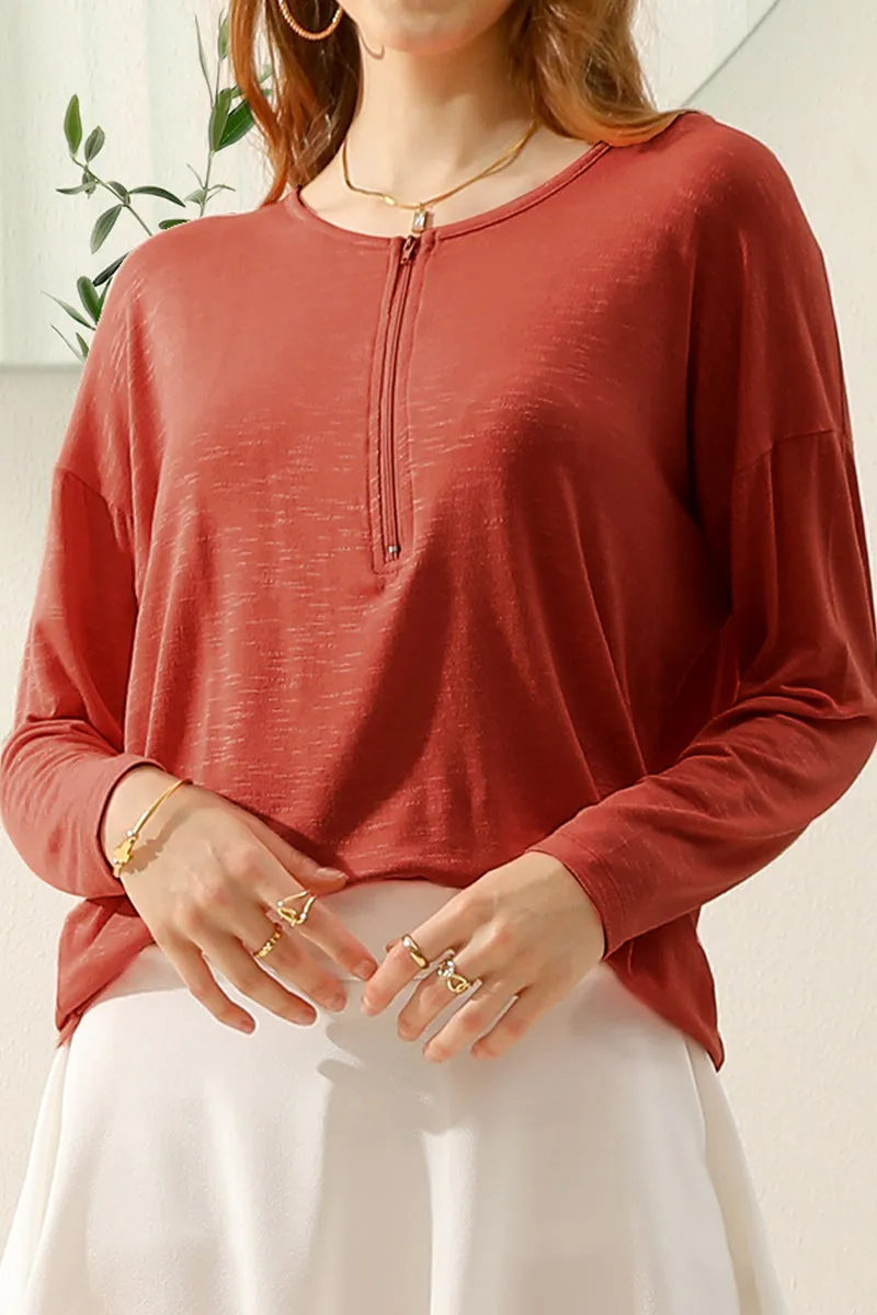 ZIP-UP R NECK LONG SLEEVE SLUB TUNIC TOP Breathable Underarm Gussets