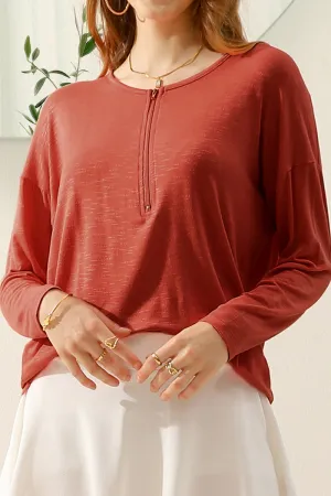 ZIP-UP R NECK LONG SLEEVE SLUB TUNIC TOP Breathable Underarm Gussets
