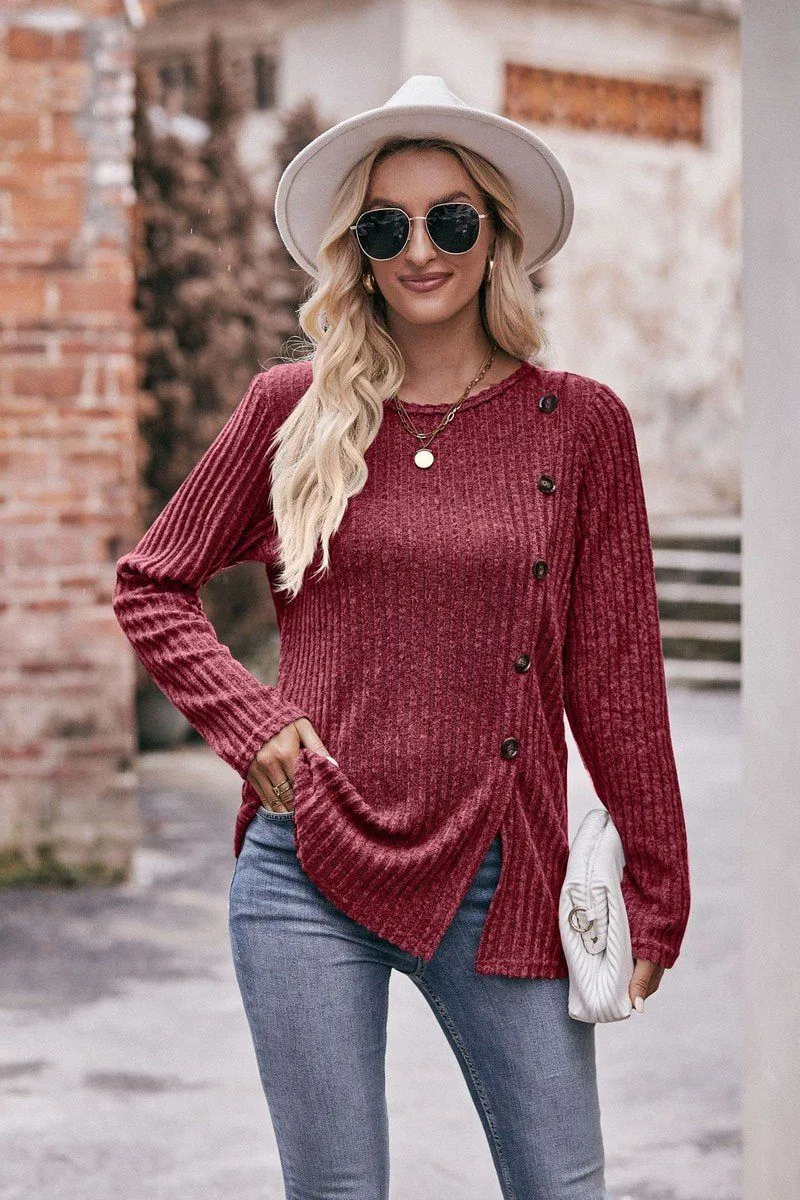 ROUND NECK SIDE BUTTONED LONG LENGTH KNIT TOP CollapsibleFrame Yarn Dyed Stripes
