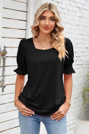 Eco Dye Process Stretch Fit Top SQUARE NECK RUFFLED SHORT SLEEVE WOMEN T SHIRTS