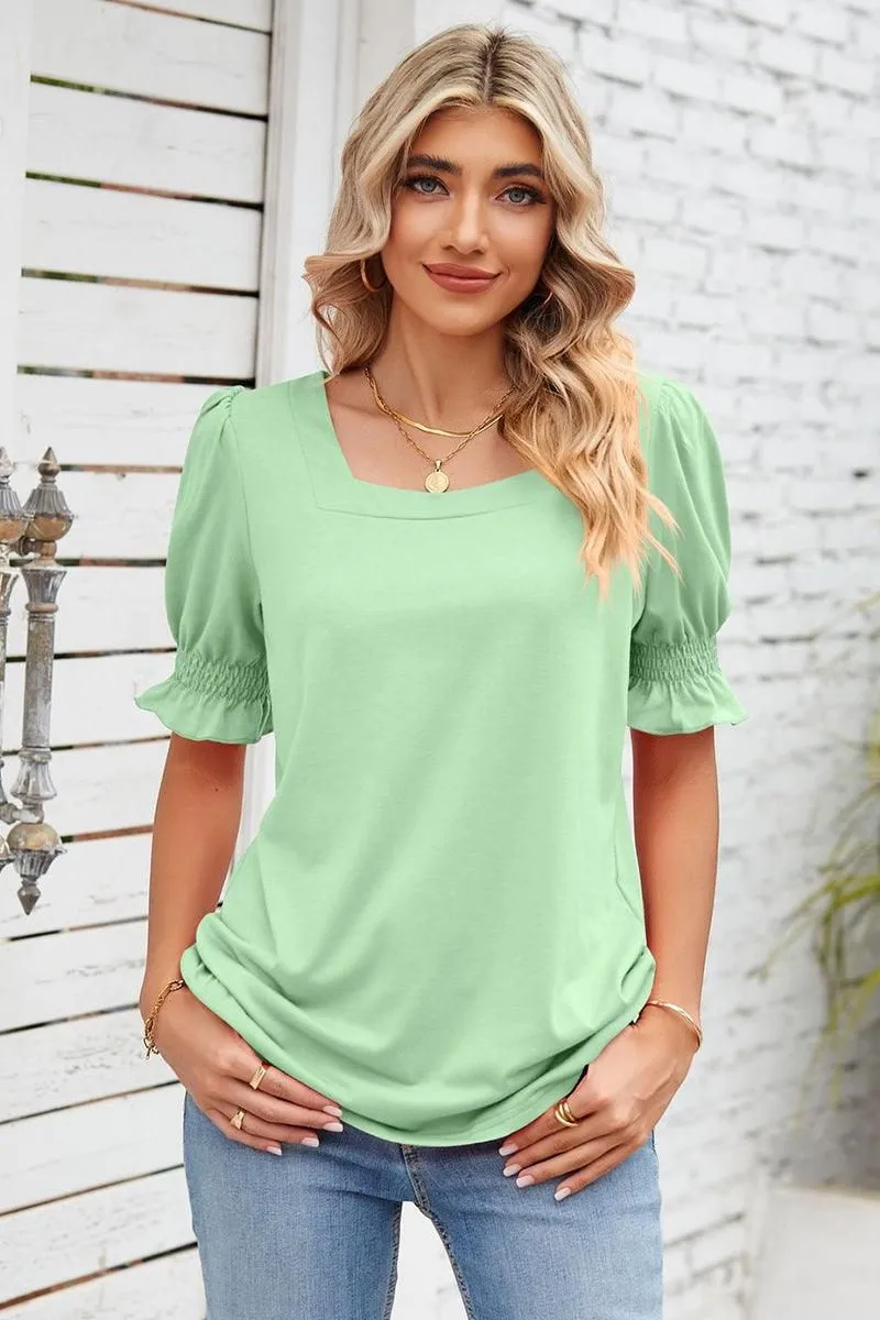 Simple Pullover SQUARE NECK RUFFLED SHORT SLEEVE WOMEN T SHIRTS