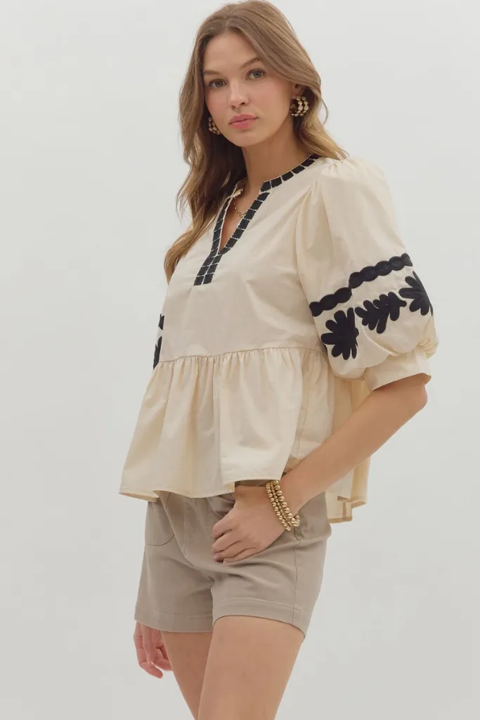 Ribbed Hemline Bonded Seam Durability Louise Embroidered Peplum Top