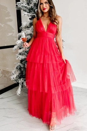 NonScratchyLining BreathableMoistureBarrier Having A Ball Tiered Maxi Dress (Red)