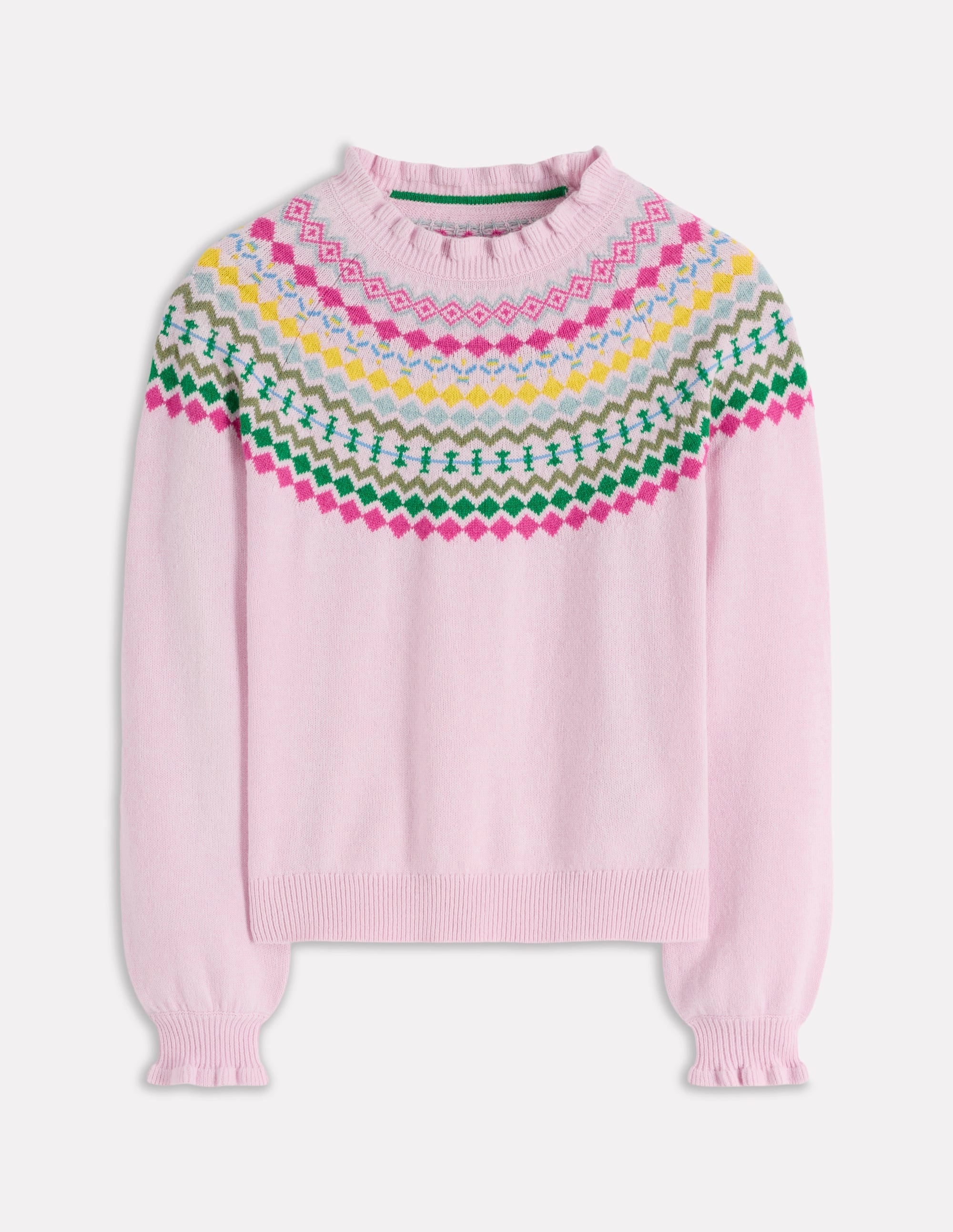 Fae Fair Isle Frilled Jumper-Sheer Pink Melange Wrinkle Recovery Fabric