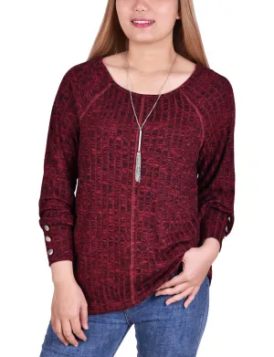 Layered Shoulder Petite Long Sleeve Ribbed Top With Detachable Necklace